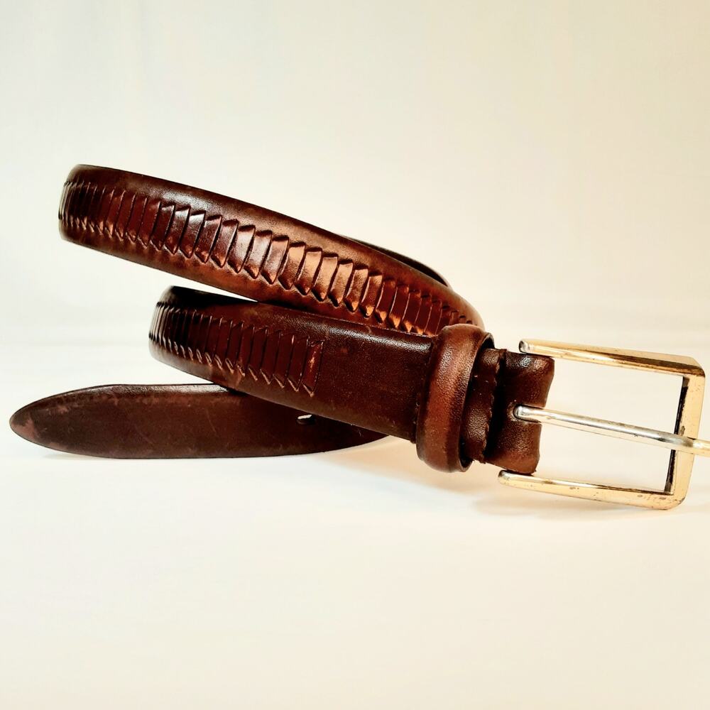 Vintage Mens Handcrafted Genuine Leather Belt 40 Maple Brown Woven Center Detail